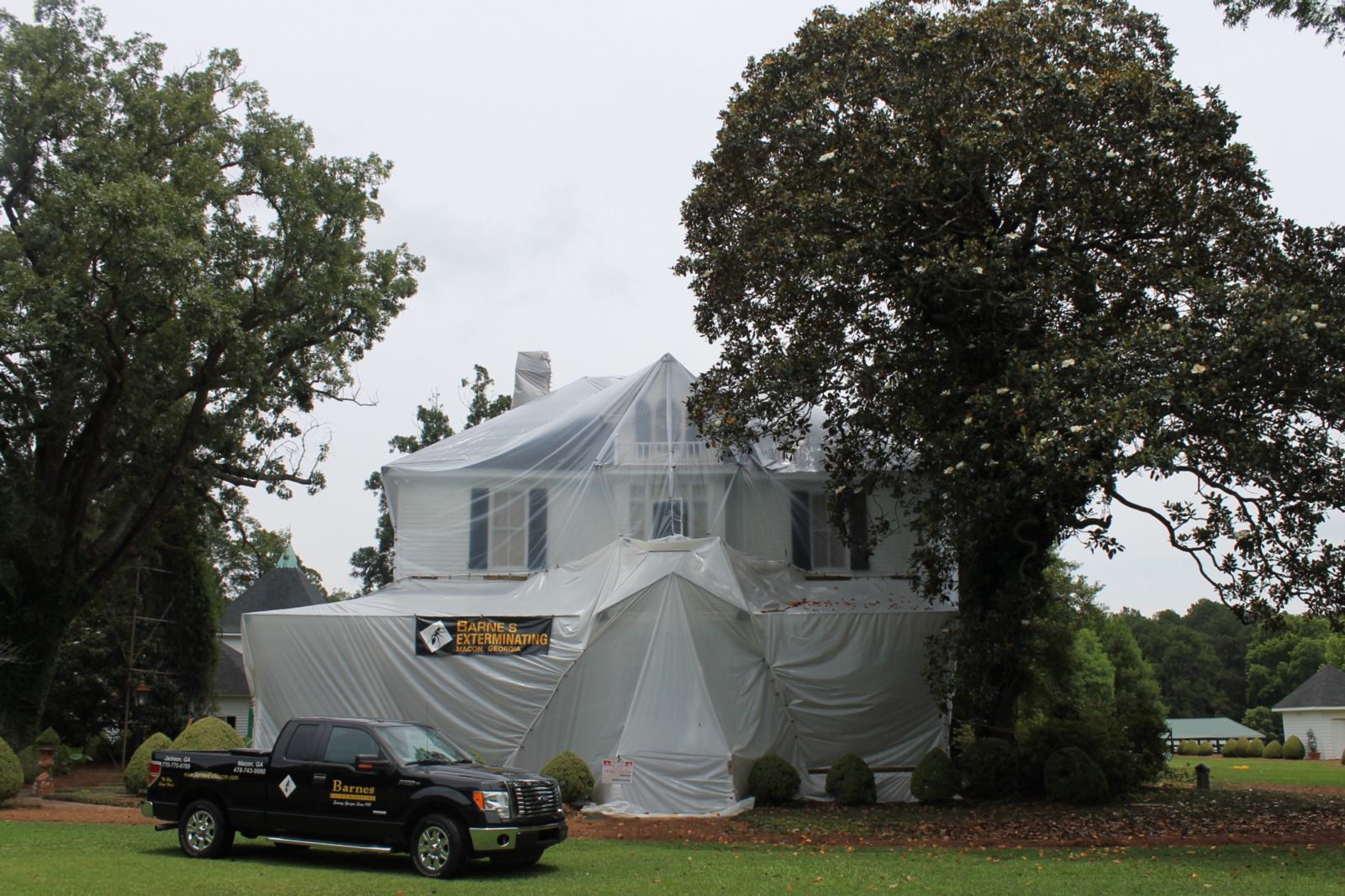 a house wrapped in a fumigation tent